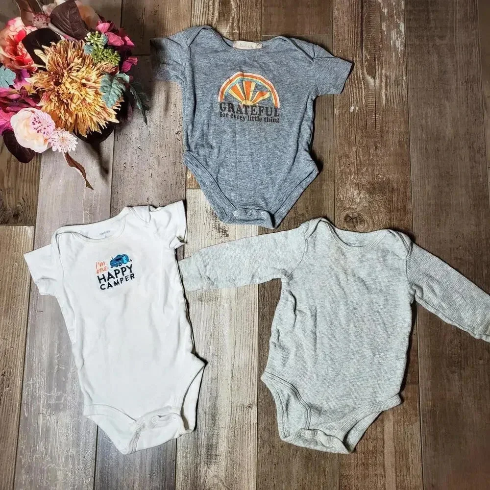 Baby Boy Casual Top Bundle - 3 Bodysuits - Gray White - Happy Camper & Grateful